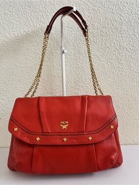 MCM leather studs orange shoulder bag